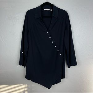 Soft Surroundings Boho Asymmetrical Button Down Wrap Blouse Top BLACK Large